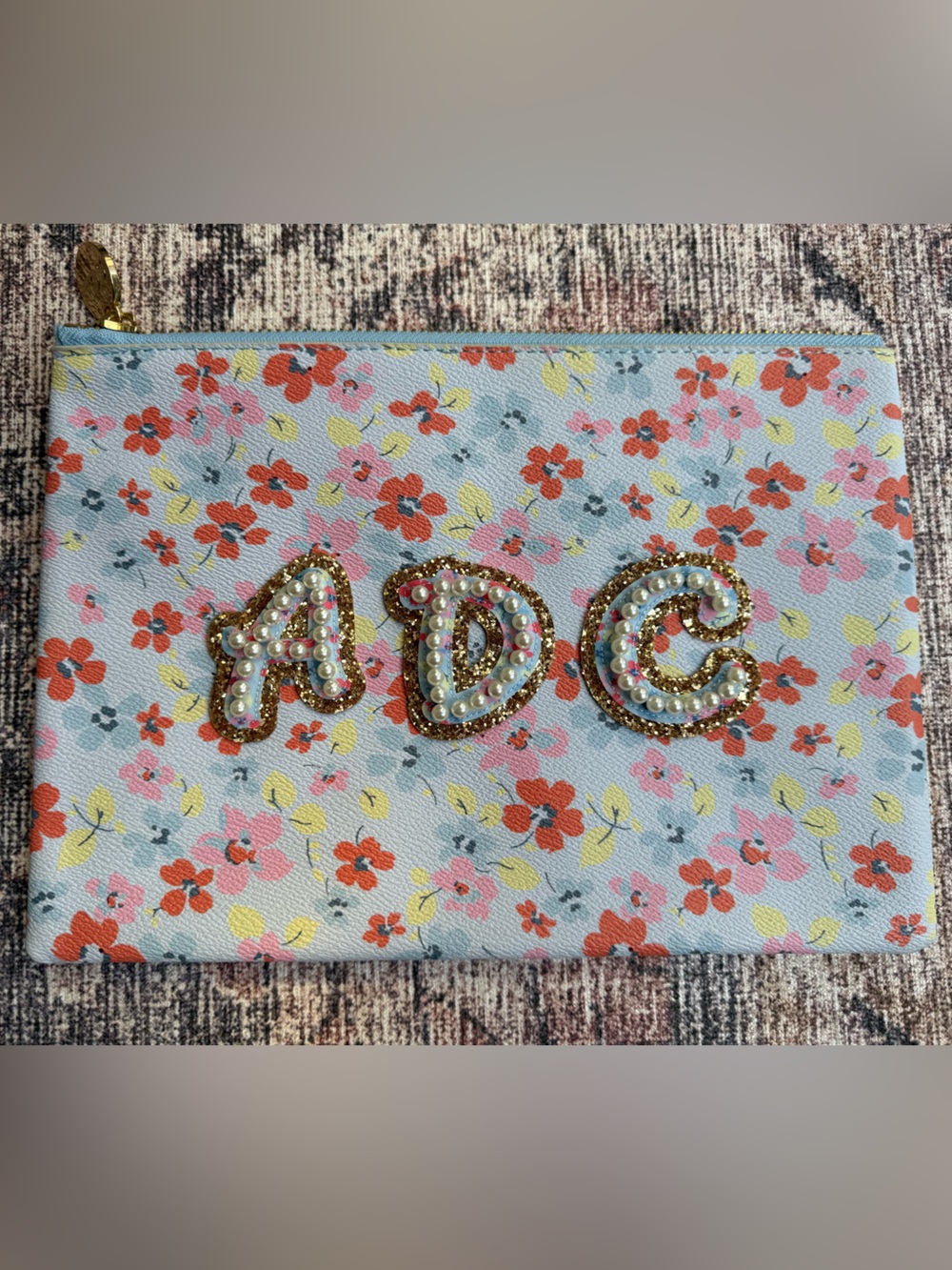 StoneyCloverLane x LoveShackFancy Blue Floral Beaded Initials, Sewn on, Clutch